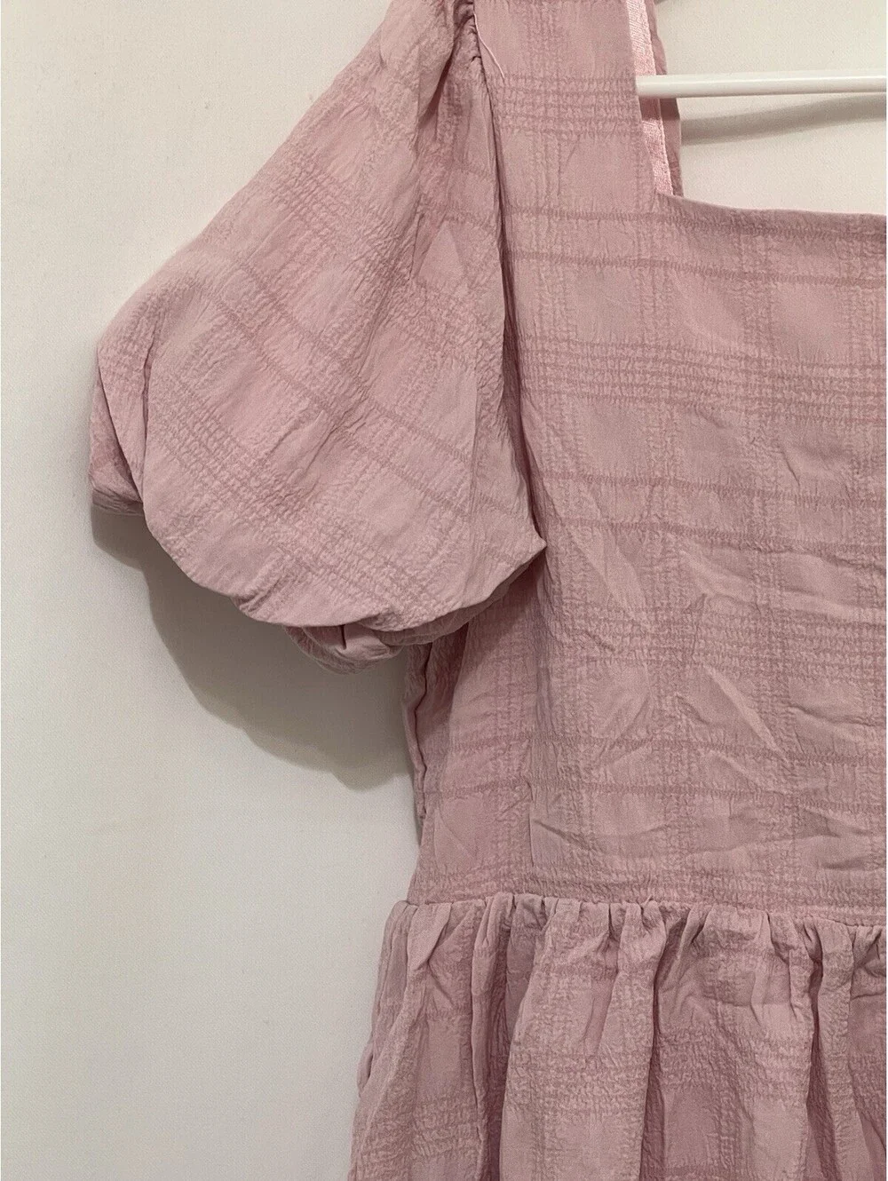 New Arshiner Girls Size 8 Pink Puff Sleeve Dress Smocked Back Plaid Ruffle